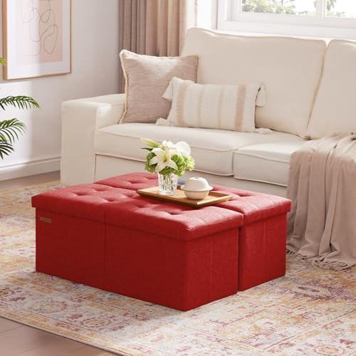 HAUSFRAU Ottoman with Storage Bench Folding Foot Rest Stool Linen Red | 31.5&...