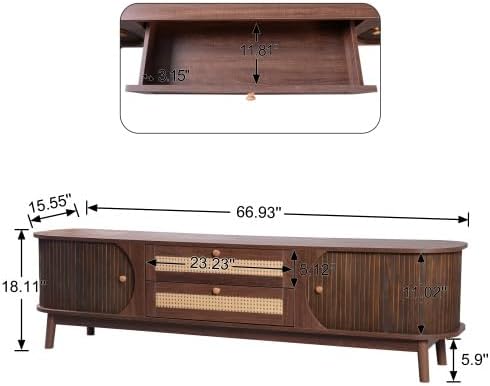 Bellemave Rattan TV Stand for up to 75", Modern Media Console with 2 Cabinets & 2 Drawers, Solid Wood Entertainment Center with Sliding Doors for Living Room, Bedroom (Walnut)