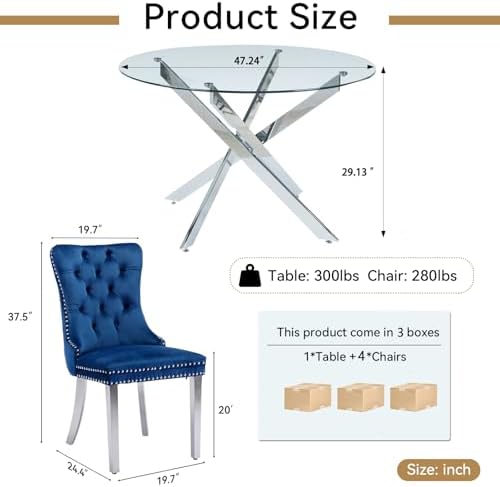 Henf 5 Piece Round Glass Dining Table Set for 4, Modern 47" Round Dining...