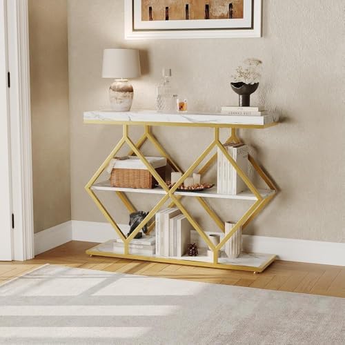 3-Tier Industrial Entryway Table with Diamond-Shaped Metal Frame, Open Shelf ...
