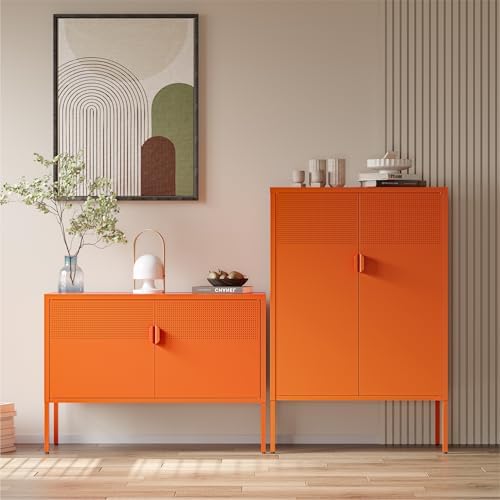 COFaR Orange Metal Storage Cabinet, 47”H Vibrant Coffee Bar & Buffet Side...