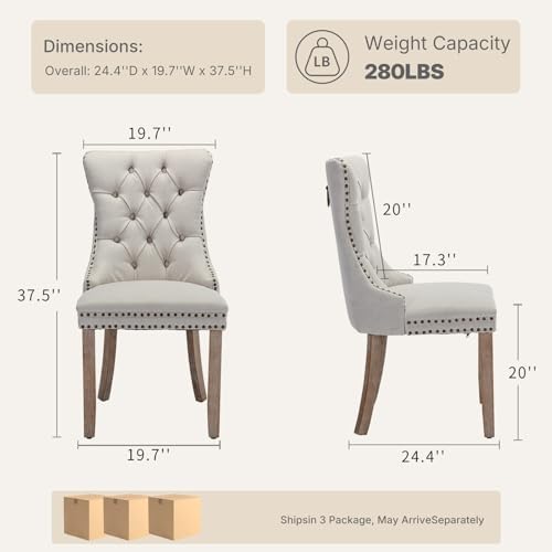 Beige Linen Dining Chairs Set of 6, Fabric Upholstered Kitchen & Dining R...