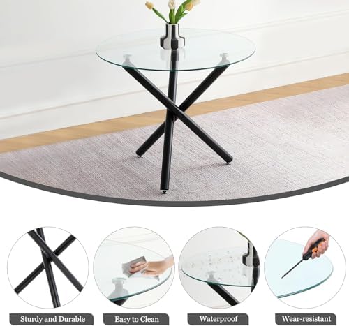 Black Round Glass Dining Table Set for 4, 36'' Small Modern Kitchen T...