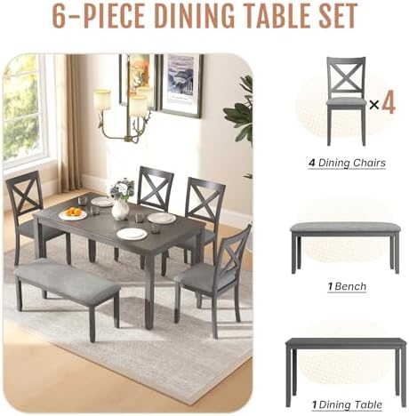 Zevemomo 6-Piece Solid Wood Dining Table Set, Wooden Legs, Grey | Including 1...
