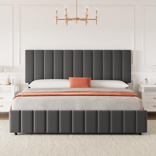 Garvee King Size Bed Frame, Linen Bedframe with 4 Storage Drawers, Grey