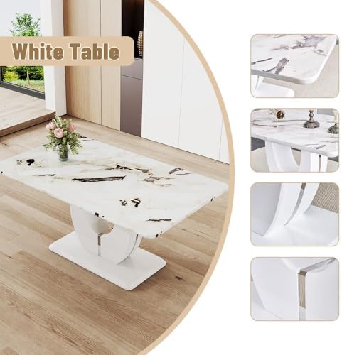 JUFU Dining Table Set for 6 with Chairs PU Upholstered, 63'' White Fa...
