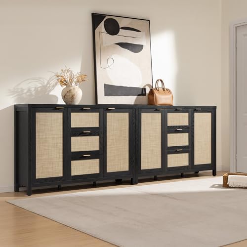 SICOTAS Sideboard Buffet Cabinet with 3 Drawers, Rattan Storage Cabinet