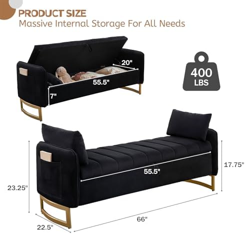 66" End of Bed Storage Bench King Size, Storage Benches for Bedroom, Bla...