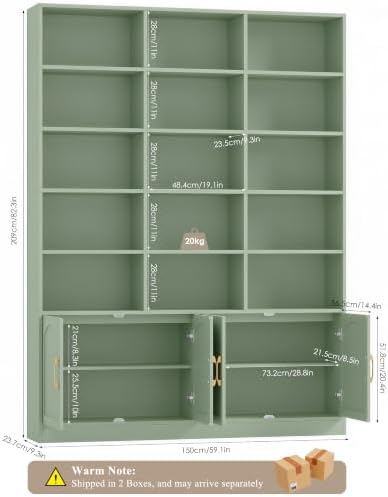 FACBOTALL 82.3" Triple Wide Bookshelf, Tall Bookcase with 4 Doors, Green