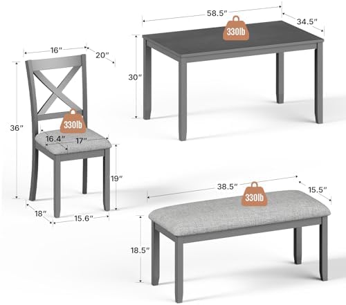 Zevemomo 6-Piece Solid Wood Dining Table Set, Wooden Legs, Grey | Including 1...