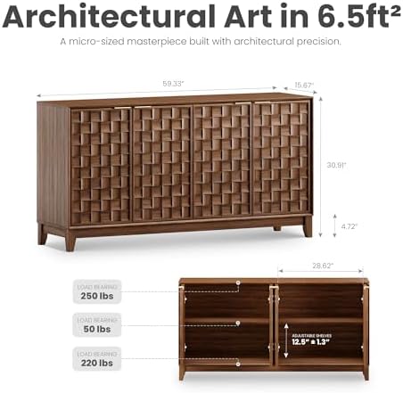 MALOL Fluted Sideboard Buffet Cabinet with Storage, 59" Wood Buffet Tabl...