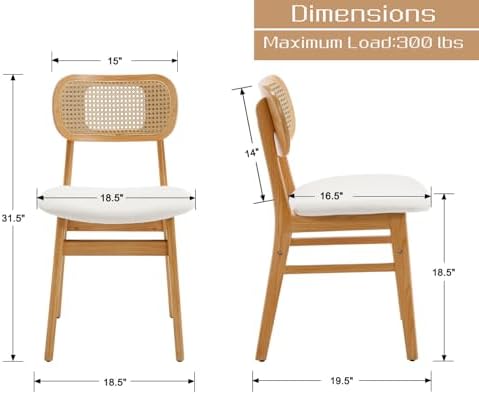 Shunzhi Rattan Dining Chairs Set of 4, Upholstered Farmhouse Dining Room Chai...