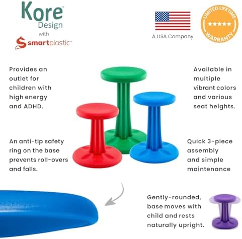 Kore Pre-Teen Wobble Stool, Flexible Seating, Ages 10-11, 18.7in, Teal | Wiggle chair for classroom and home boosts focus, improves posture, and provides an energy outlet; anti-tip base; Made in USA