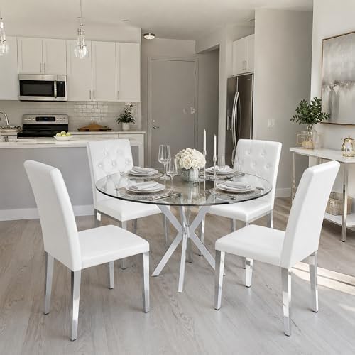 White Dining Chairs Set of 4,Faux Leather with Chrome Plate Metal Legs,Armles...