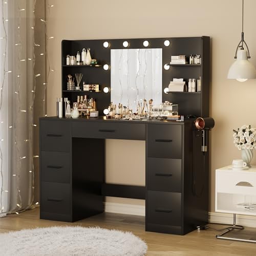 Furmax Vanity Desk with LED Mirror,Power Outlet,7 Drawers Makeup Table | LED ...