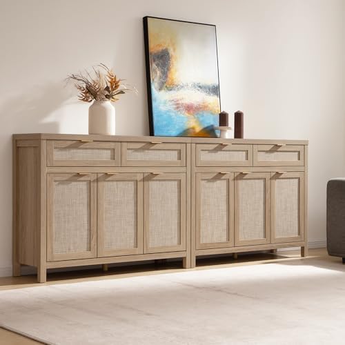 SICOTAS Rattan Sideboard Buffet Cabinet with Storage, Boho Credenza Accent