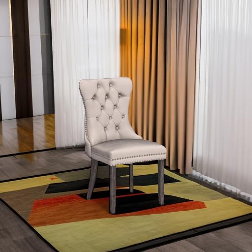 Velvet Dining Chairs Set of 4, Upholstered Dining Room Chairs with Nailhead Ring Pull Trim, Button Tufted Wing Back Chairs for Dining with Solid Wood Legs for Kitchen Dining Room(Beige)