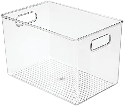mDesign Deep Plastic Home Storage Organizer Bin with Built-in Handles for Cube Furniture Shelving in Office, Closet, Cabinet, Bedroom, Bathroom, Nursery, Dorm - 4 Pack - Clear