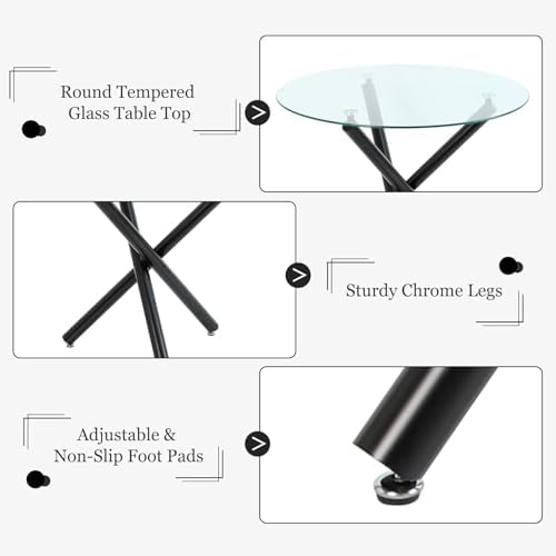 Black Round Glass Dining Table Set for 4, 36'' Small Modern Kitchen T...