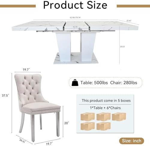 White Faux Marble Dining Room Table Set for 6, 7-Piece 63"-78.74" E...