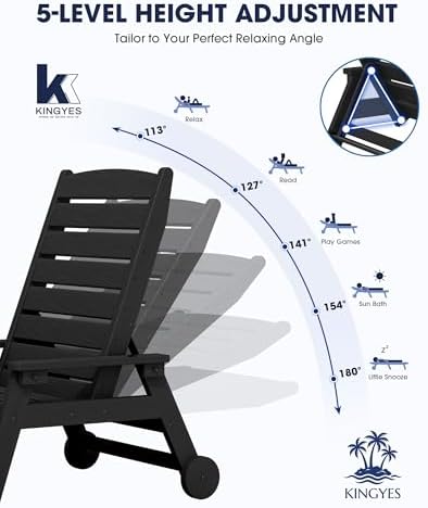 HDPE Lounge Chair Outdoor Set of 2, All Weather Pool Lounger | 5 Position Adjustable Backrest Patio Chaise Lounge with Cup Holder for Outside, Black