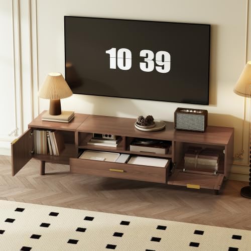 Bellemave TV Stand for up to 75", Solid Wood TV Consoles with Storage Drawer & Open Shelves, Modern Entertainment Center with Drop-Down Door Cabinet for Living Room, Bedroom (Dark Brown)