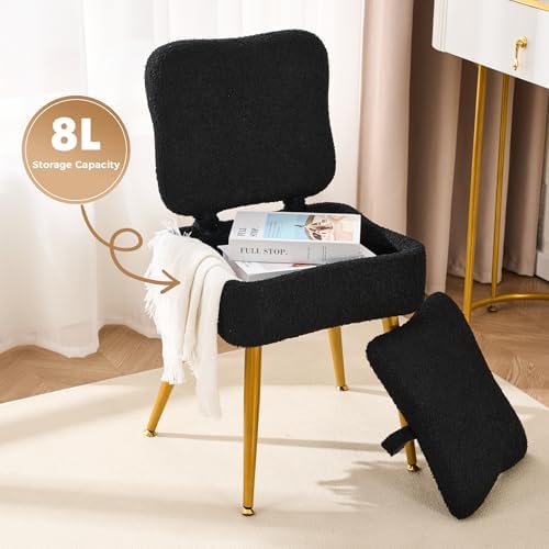 Small Vanity Chair with Storage and Foldable Backrest Black