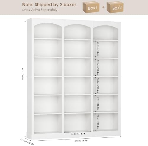 FACBOTALL 71" Triple Wide Bookshelf, 6 Tier Large Arch White Bookshelf