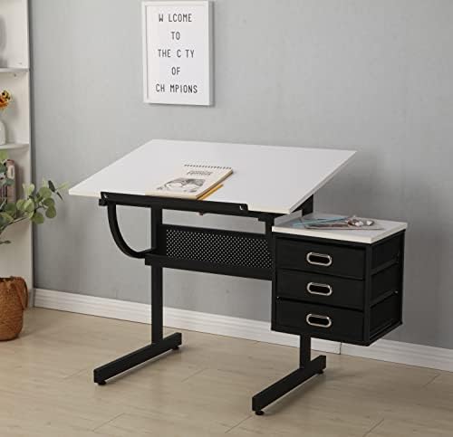 White Adjustable Drafting Table with Stool & 3 Drawers, Tilting Art Desk ...