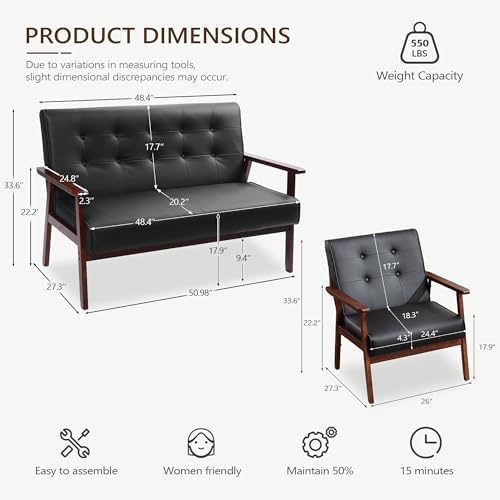 JIASTING Wooden Loveseat Sofa and Accent Chair Set of 2, Office
