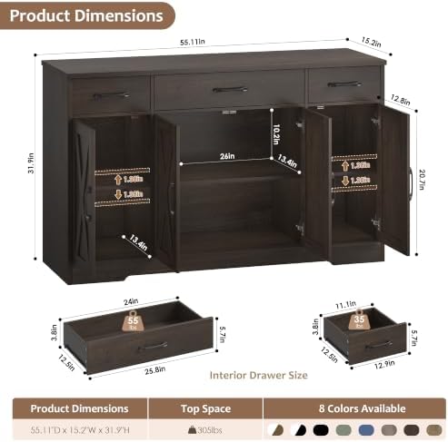 HOSTACK Kitchen Buffet Sideboard Storage Cabinet, Coffee Bar Cabinet, Brown