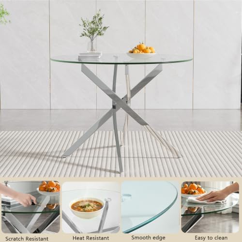 HomVent Silver Round Glass Dining Table Set for 2 with 2 Grey Velvet Chair | ...