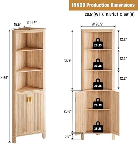 INNOD 69" Tall Corner Shelf with Doors, 6-Tier Corner Storage Cabinet wi...