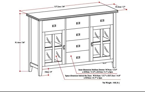 SIMPLIHOME Artisan 54" Wide Solid Wood 3-Door Buffet in Dark Chestnut Brown