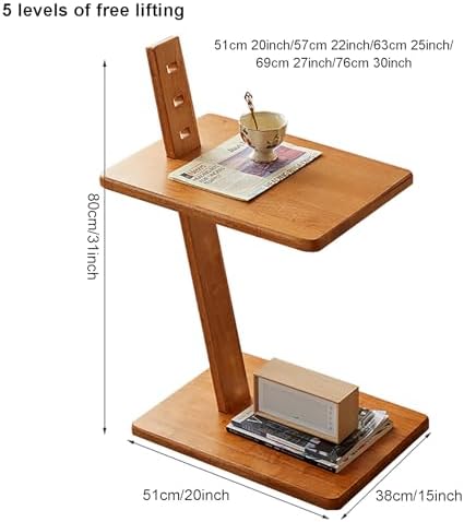 Solid Wood 2-Tier Side Table with Adjustable Height, Mobile End Table & S...