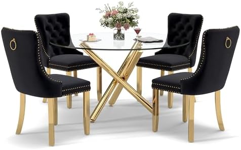 5 Piece Golden Luxury Round Glass Dining Set, Modern Minimalist Circle Kitche...