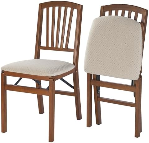 MECO Stakmore Slat Back Wooden Folding Chairs with Padded Seats, Set of 2 - N...