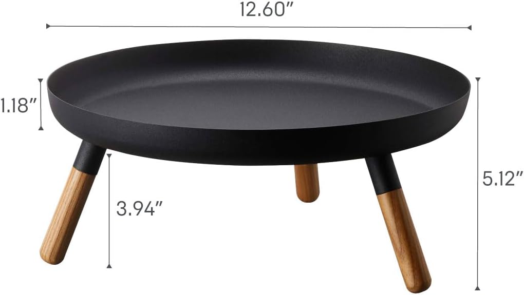 YAMAZAKI Home Plain Metal Pedestal Table Tray with Wooden Legs for Countertop Or Floor, Holds Fruit, Plants, Tea, Steel + Wood