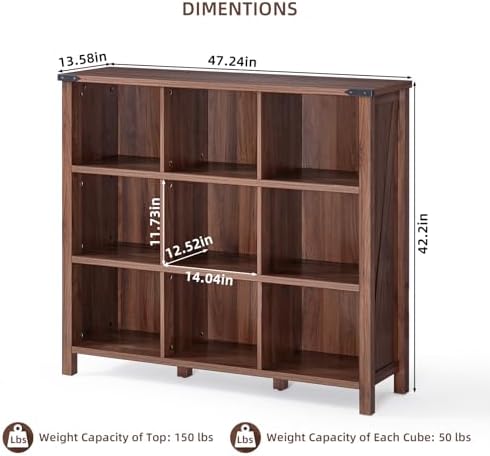 Joaxswe 9 Cube Bookcase, Farmhouse 47 Inch Wide Brown Walnut Bookshelf, Woode...