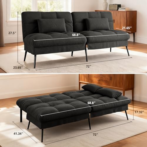 COMHOMA 72″ Convertible Futon Sofa Bed, Adjustable Backrest, Black | Breathab...