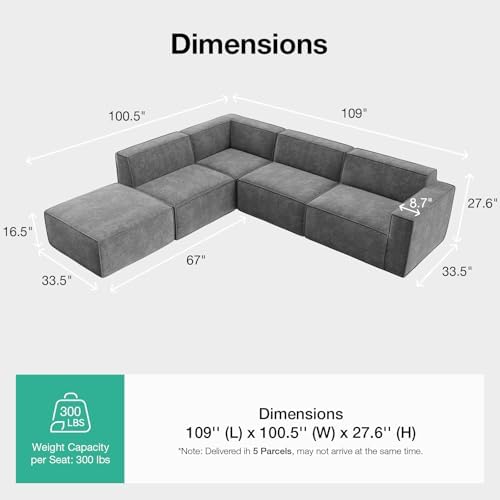 Novilla 109" Modular Sectional Sofa, No Assembly Cloud Sectional Couch w...