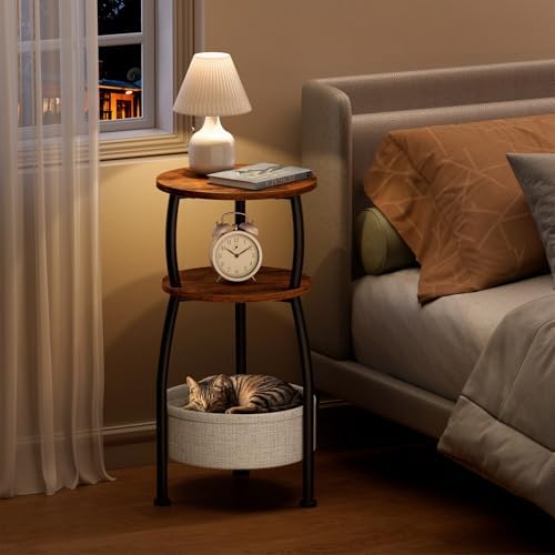 Round Side Table for Small Spaces with Storage Basket, 11.81in