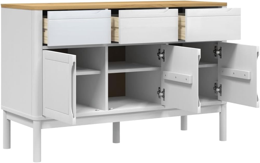 White Sideboard Buffet Cabinet, Solid Pine Wood and Engineered Wood Credenza ...