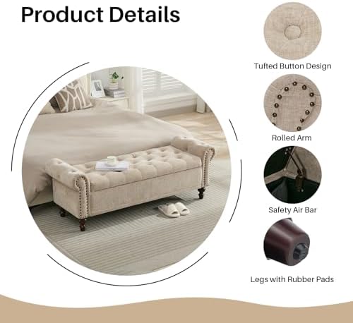SOFTHION 58.1" Storage Bench for Bedroom, Chenille Cushion, Light Brown ...