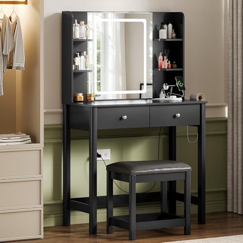 Vanity Desk with LED Mirror, 3 Lighting Modes and Chair