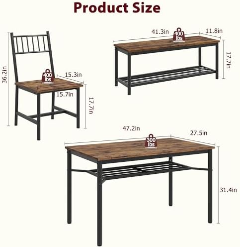 Garvee Dining Table Set for 4 with Bench and Chairs, 4-Piece Kitchen Table Se...