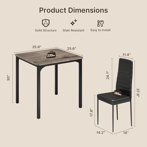 Gizoon 3-Piece Dining Table Set for 2, Kitchen Table with PU Chairs Grey