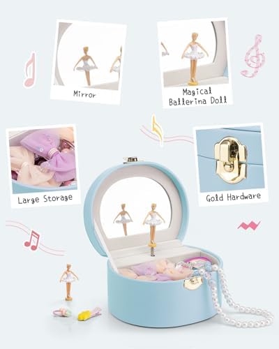 VLANDO Musical Jewelry Box for Girls, Arc Design with Spinning Ballerina | Large Compartment for Small Treasures, Plays Canon Melody, Built-In Mirror and Soft Carry Handle, Birthday Christmas Gift