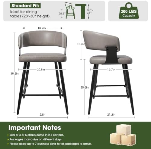 26" Counter Height Bar Chairs Set of 2, Padded Island Chairs, Gray