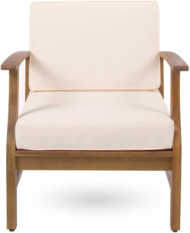 Weatherproof Acacia Wood Outdoor Arm Chair with Beige Cushions, Indoor & ...